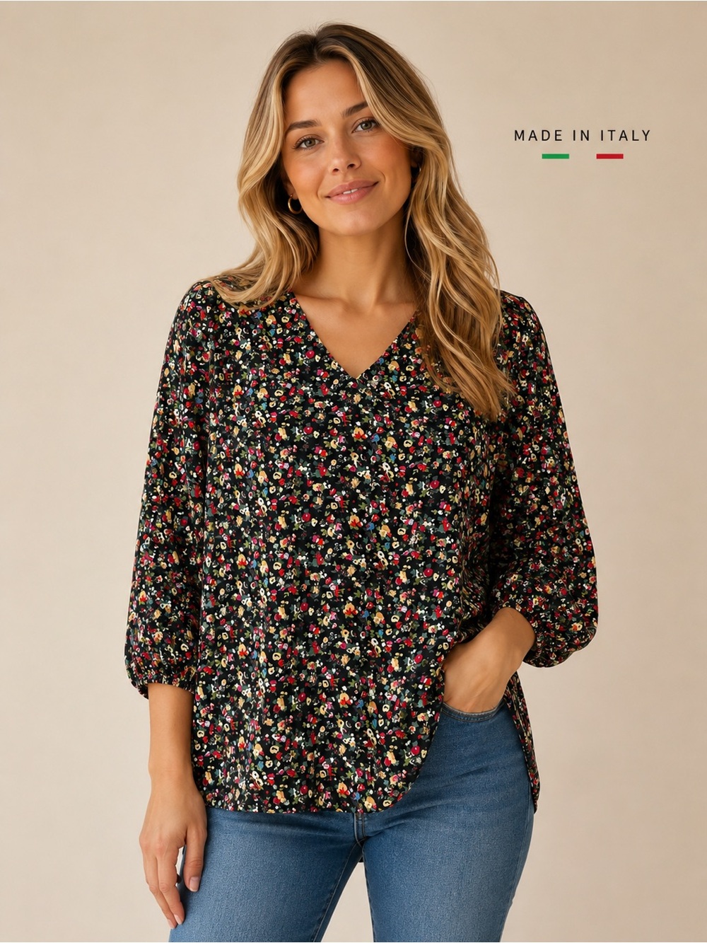 Mario Serrani Italy Floral V-Neck Blouse Made in Italy Black Print Medium